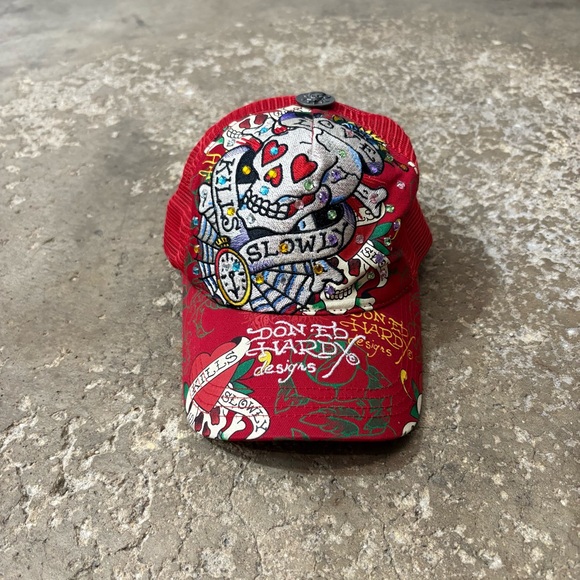 Y2K Don Ed Hardy By Christian Audigier rhinestone Mesh Trucker Hat Vintage - Picture 1 of 9